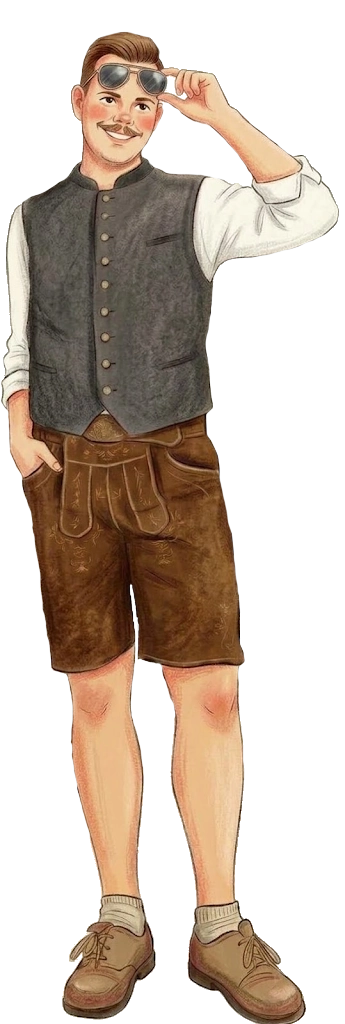 Illustration von Jonas Riemer in Lederhose, Trachtenweste und Sonnenbrille